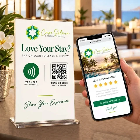 A tap-or-scan review stand on a hotel's front desk, beside a phone open on the hotel's review page